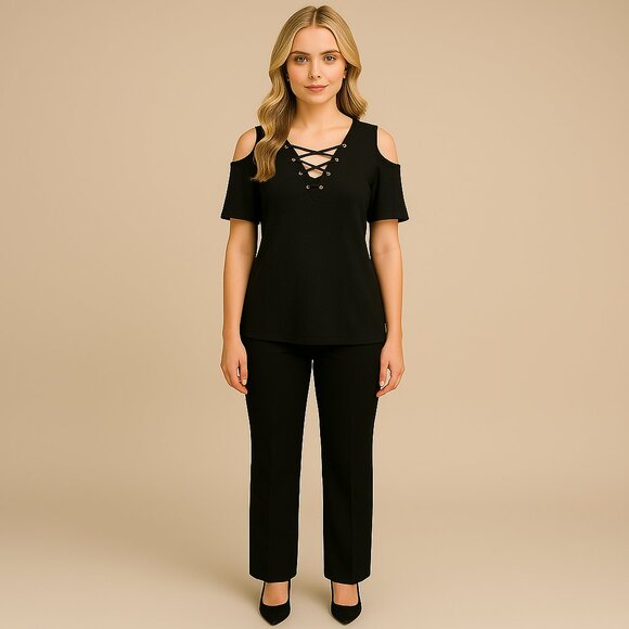 Belldini Cold Shoulder Black Lace-Up Women's Short Sleeve Sweater Size L - Picture 2 of 9